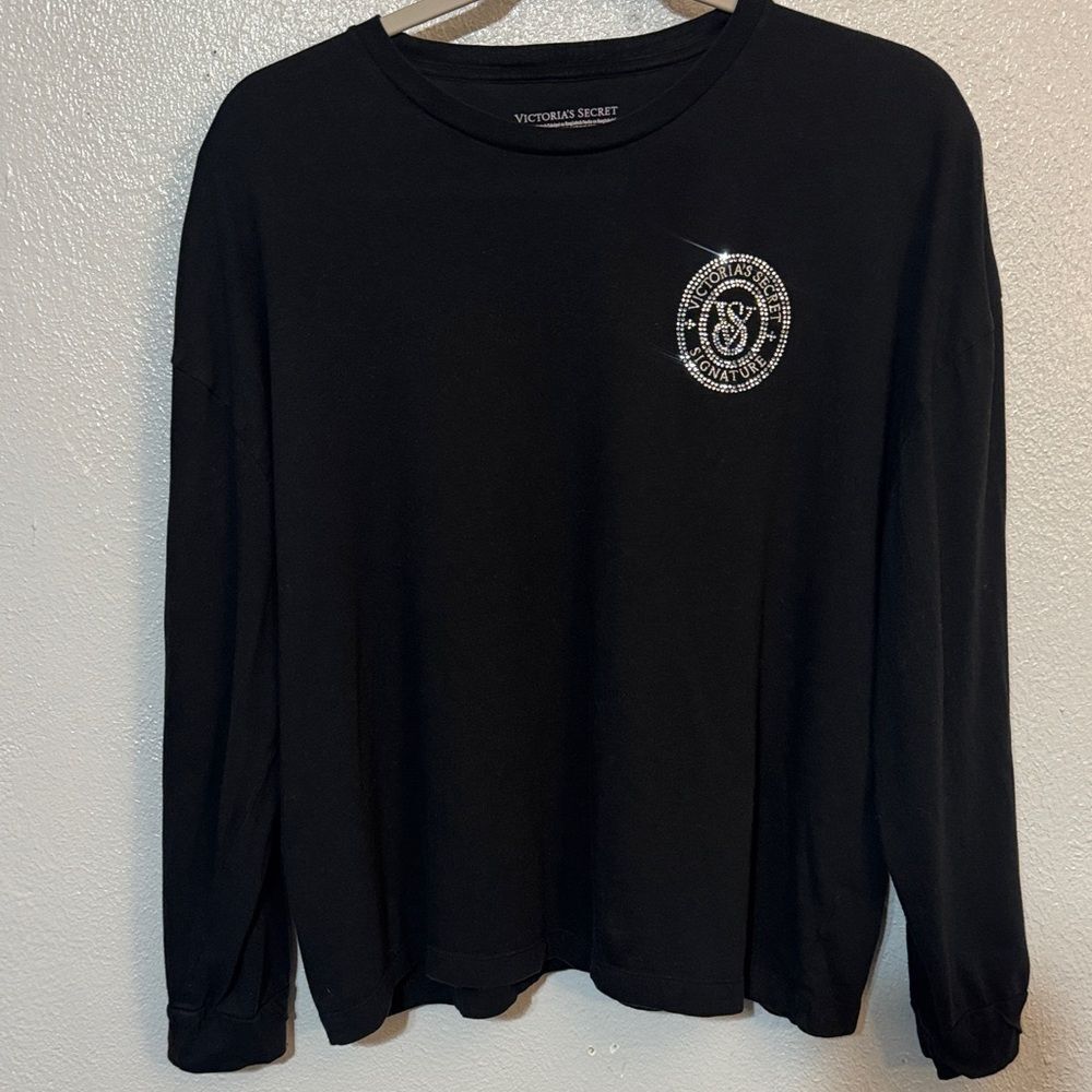 Victoria's Secret Black Bling Long Sleeve Lounge Shirt Rhinestone Logo Signature